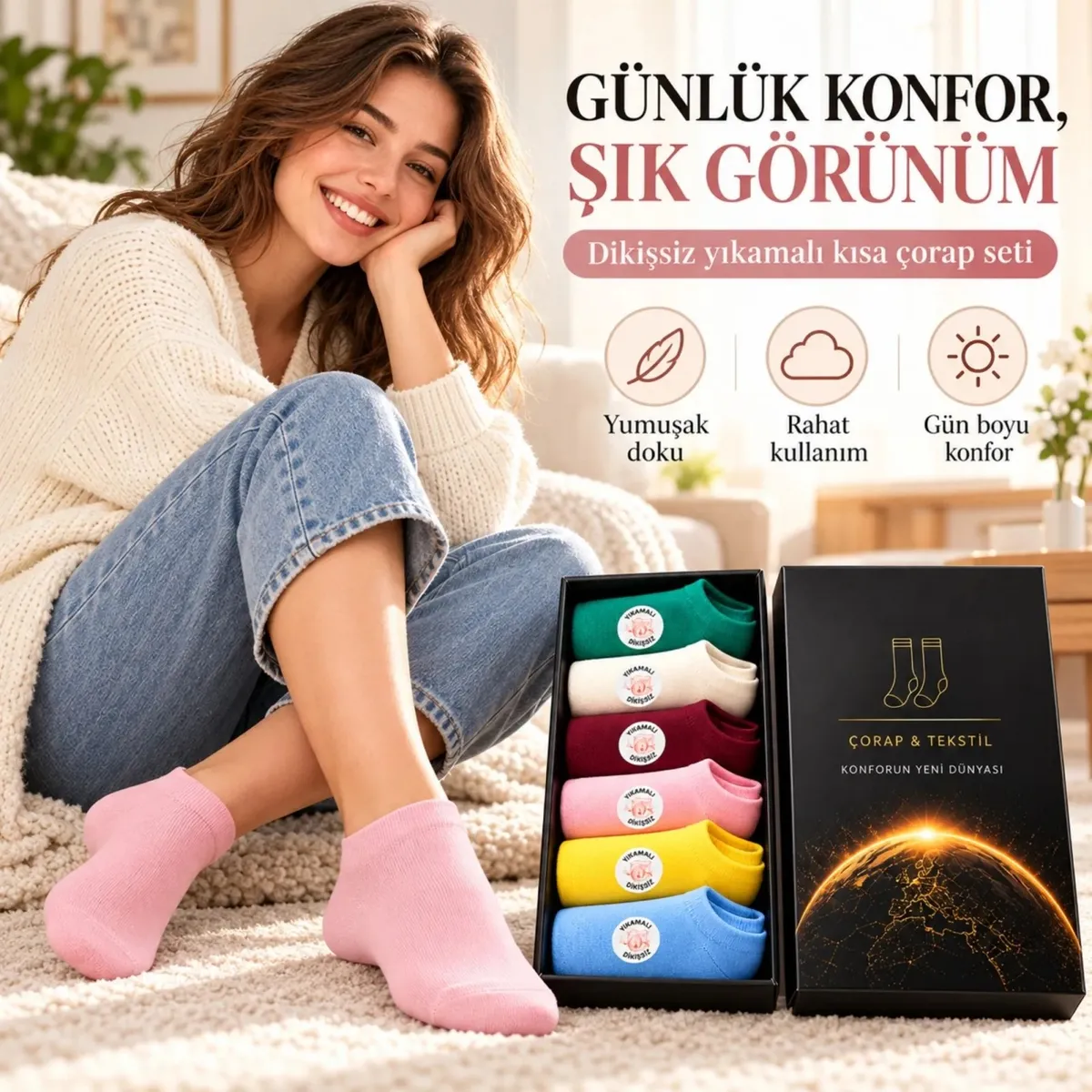 Kadın Dikişsiz Patik Çorap 6'lı Kutulu Seti | Renkli Yıkamalı Günlük Sneaker Çorabı Hediyelik Paketi