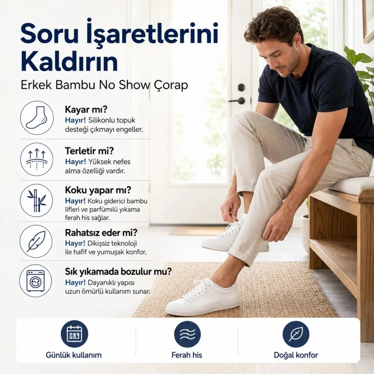 Erkek Bambu 12’li Babet Çorap Görünmez No Show Dikişsiz Silikon Topuklu görseli