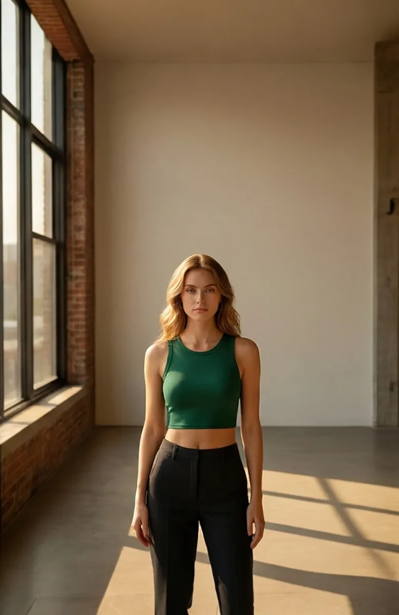 Kadın Yeşil Kare Yaka Crop Top Bluz – Şık, Rahat ve Kolay Kombinlenebilir görseli