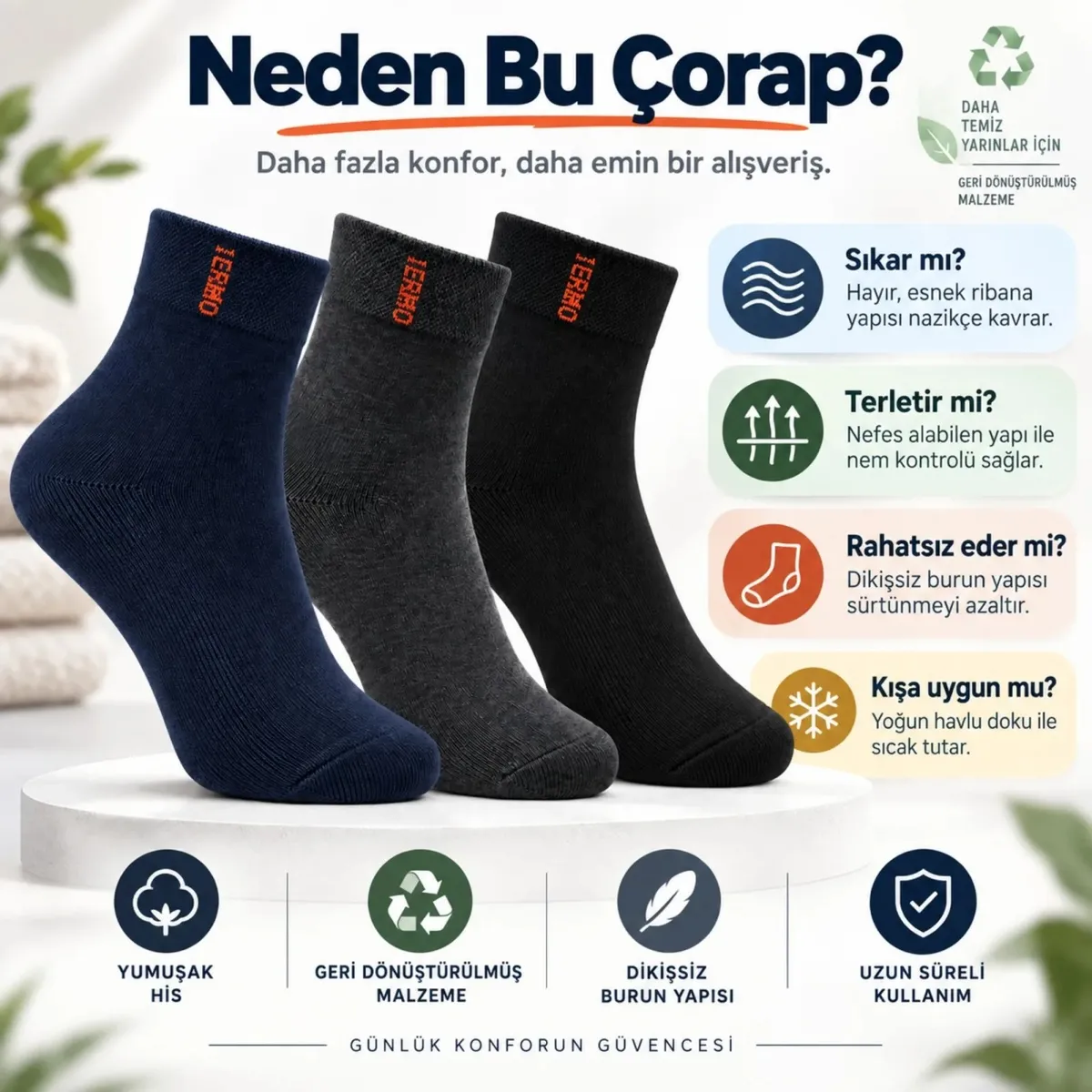 Erkek Çorap 12'li Dikişsiz Havlu Çorap | Orta Konç, Sıcak Tutan, Yumuşak ve Dayanıklı görseli