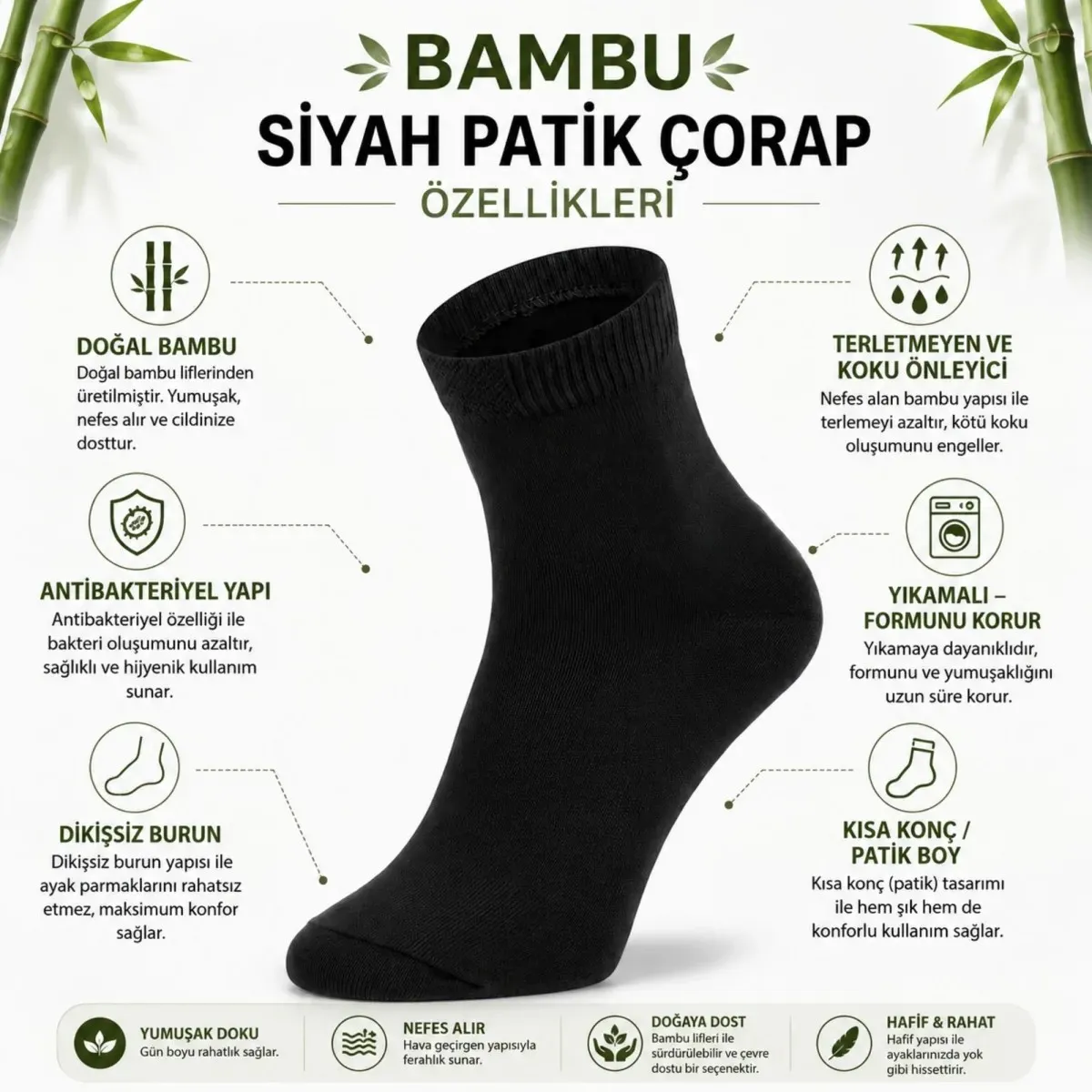 Erkek Kısa Konç 6’lı Bambu Çorap 39-44 Dikişsiz Burun Nefes Alan Yumuşak Günlük Patik Çorap görseli