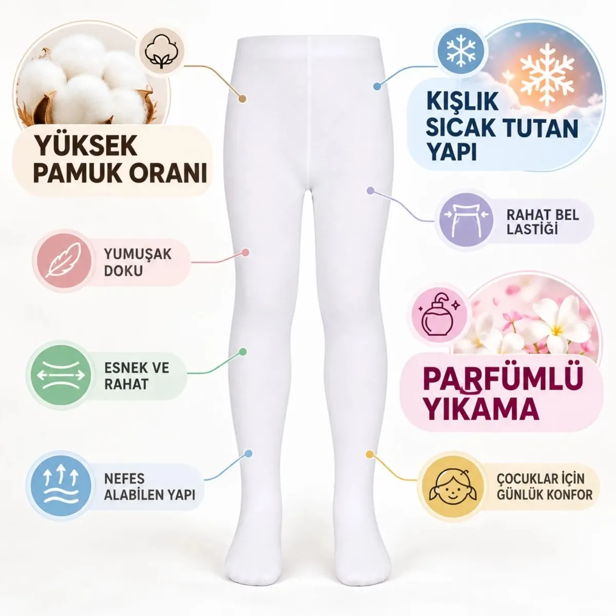 Çocuk Beyaz Külotlu 3'lü Çorap Yüksek Pamuklu Kışlık Parfümlü Okul Çorabı Esnek Rahat