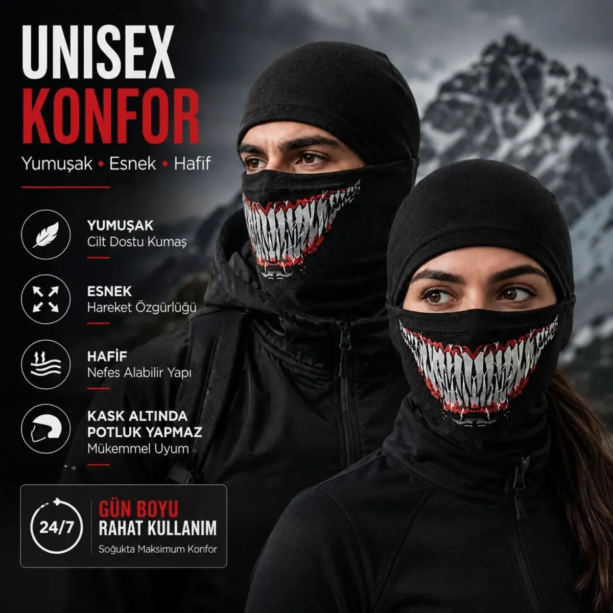 Unisex Tam Yüz Balaklava Diş Desenli Kışlık Maske Nefes Alan Esnek Kask Altı Boyunluk Yumuşak Viskoz görseli