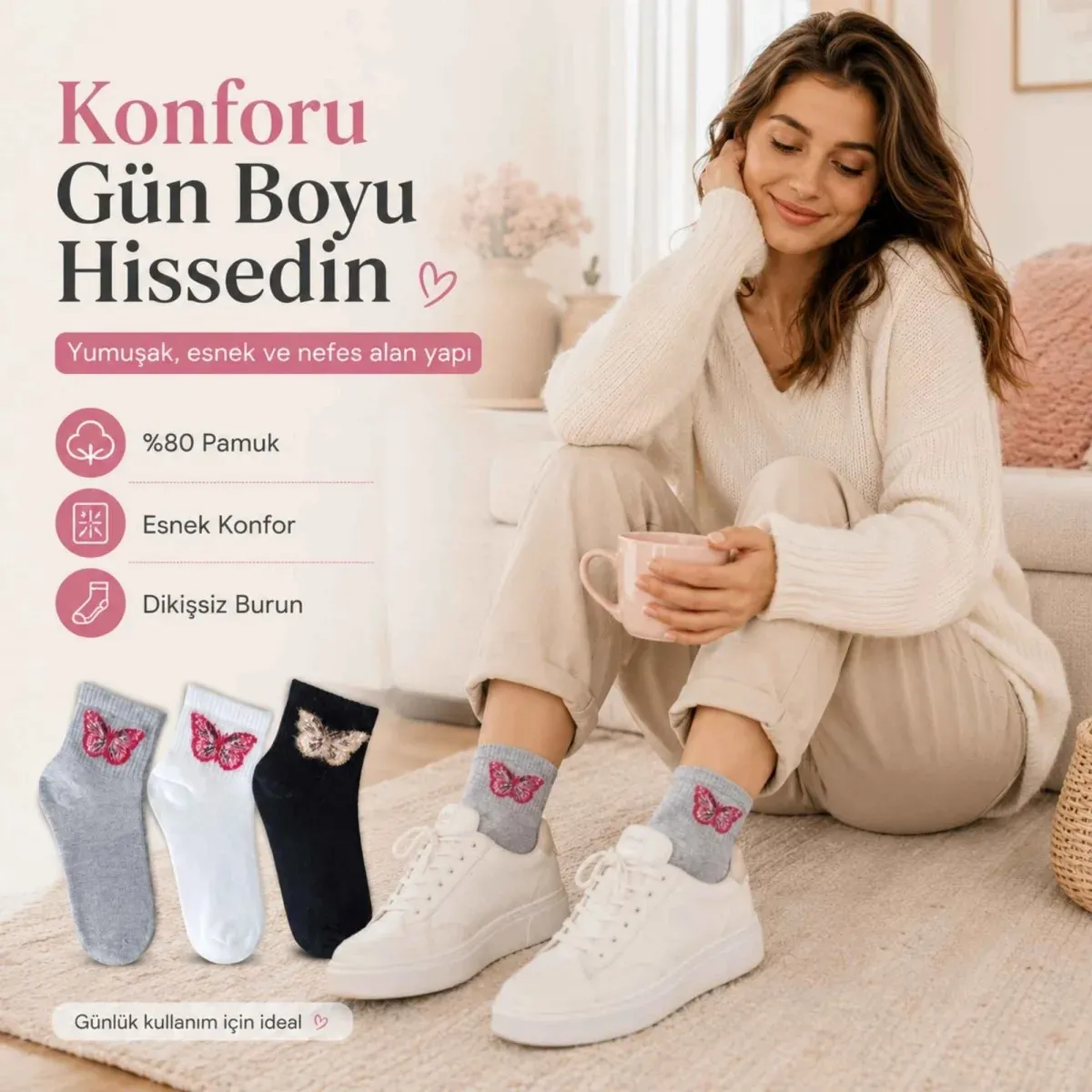 Kadın Kelebek Desenli Kısa Konç Çorap 12'li | %80 Pamuklu Dikişsiz, Siyah Beyaz Gri görseli