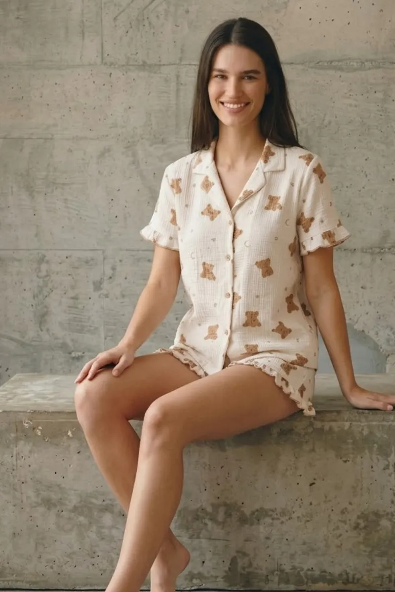 Kadın V Yaka Comfort Fit Kar Beyaz Pijama Takımı görseli