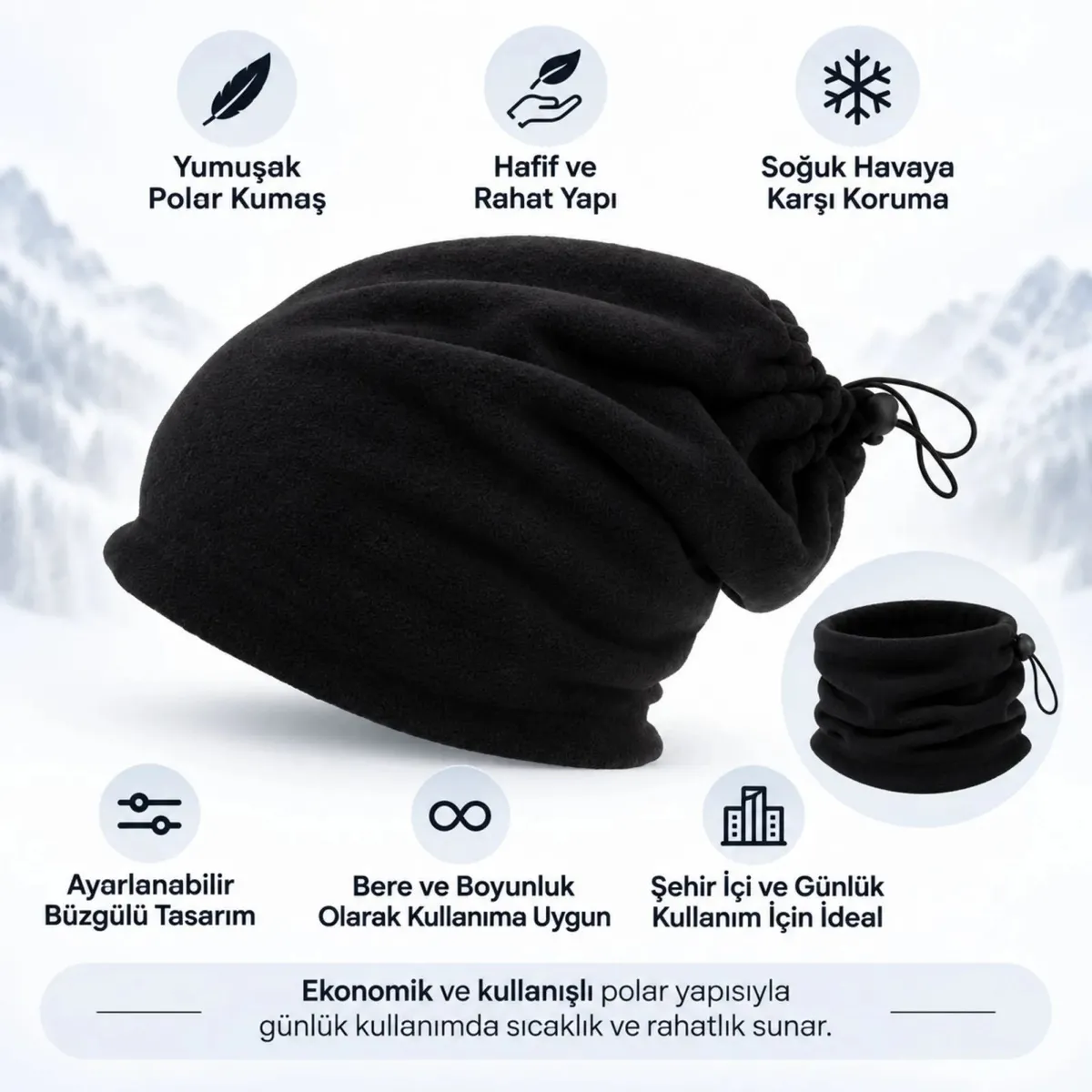 Unisex Polar Bere Boyunluk 2'si 1 Arada Ayarlanabilir Büzgülü Sıcak Tutan Kışlık Siyah Günlük Konfor görseli