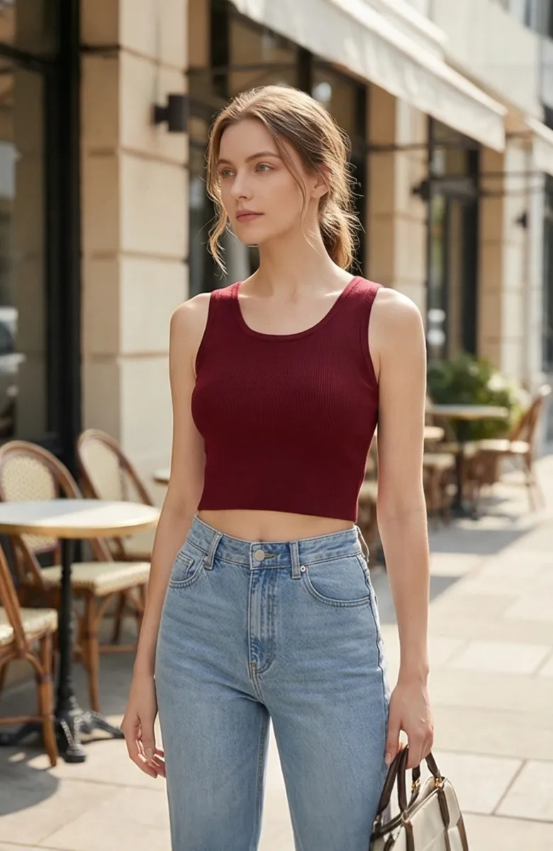 Kadın Bordo Kare Yaka Crop Top Bluz – Şık, Rahat ve Kolay Kombinlenebilir görseli