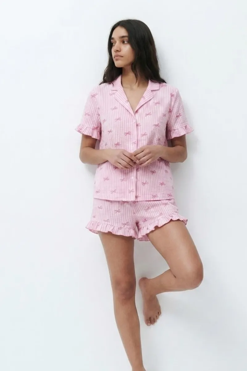Kadın Desenli Trend Pembe Pijama Takımı görseli