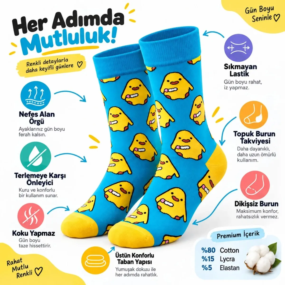 Renkli Civciv Desenli Unisex Soket Çorap | Yumuşak, Esnek ve Konforlu Günlük Kullanım 6'lı Set görseli