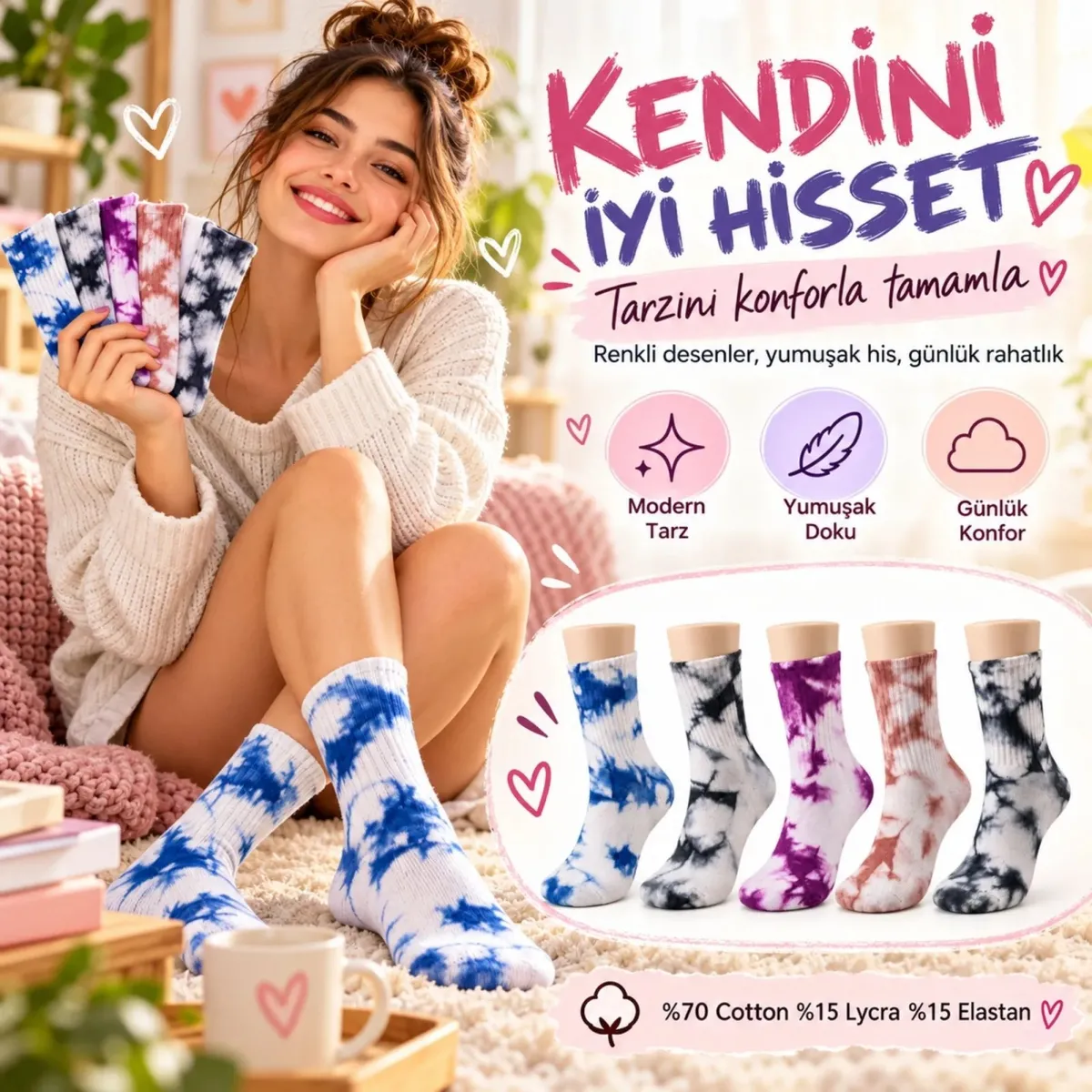 Unisex Batik Desenli Çorap 10'lu Pamuklu Renkli Uzun Soket Dikişsiz Nefes Alan Günlük Spor Çorabı görseli