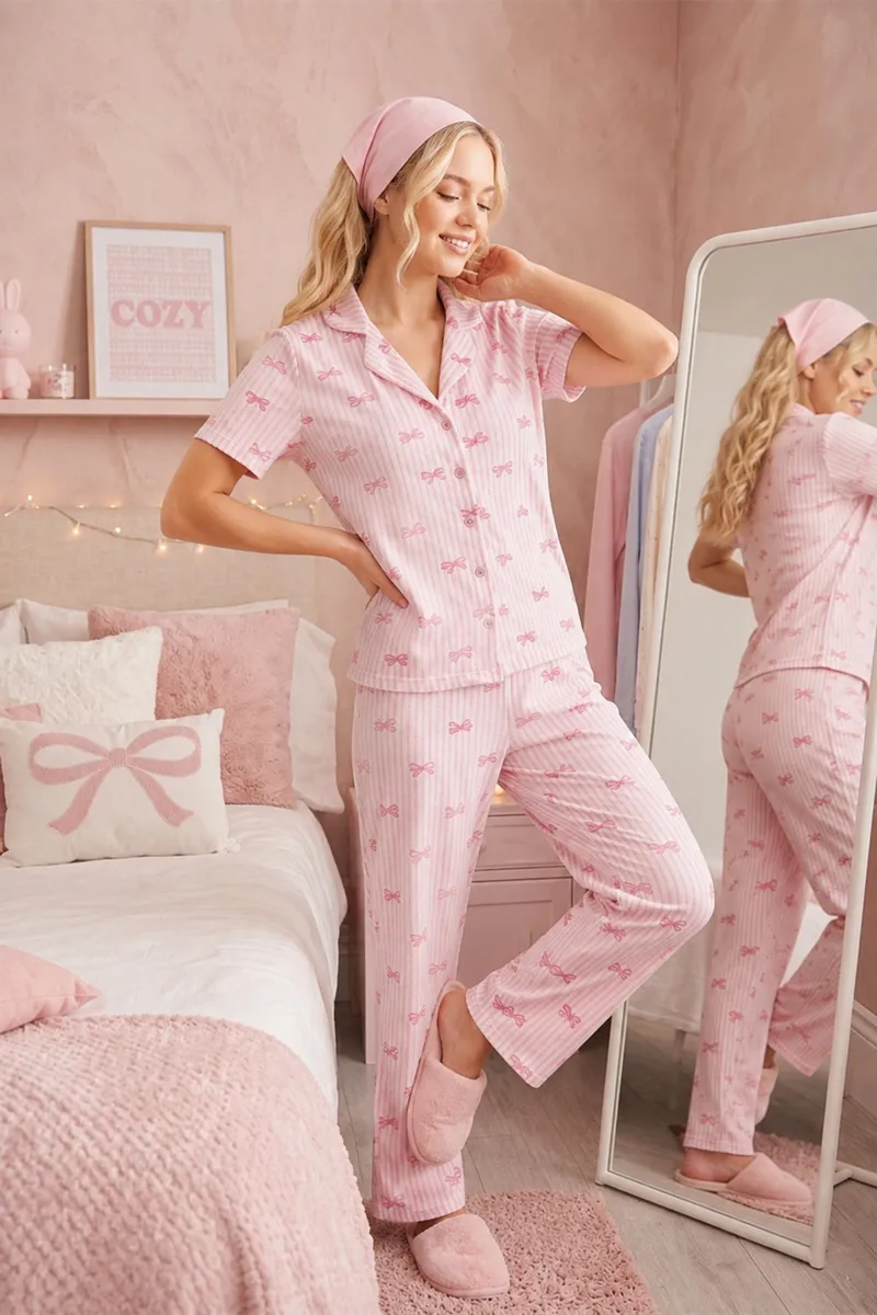 Pembe Kurdele Desenli Bürümçük kumaş Kısa Kollu Pijama Takımı 6064 görseli