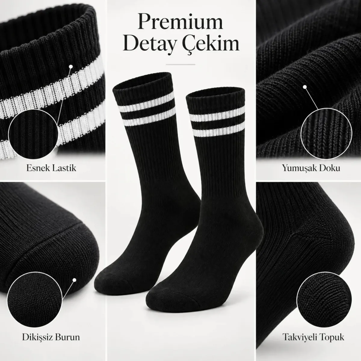 Siyah Çorap Beyaz Çizgili 3'lü Set Unisex Uzun Soket Günlük Spor Rahat Kolej Stil Çorap Seti görseli