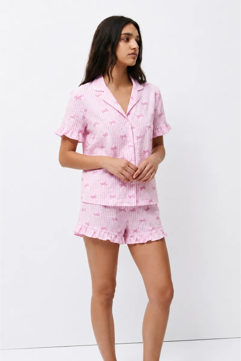 Kadın Desenli Trend Pembe Pijama Takımı görseli