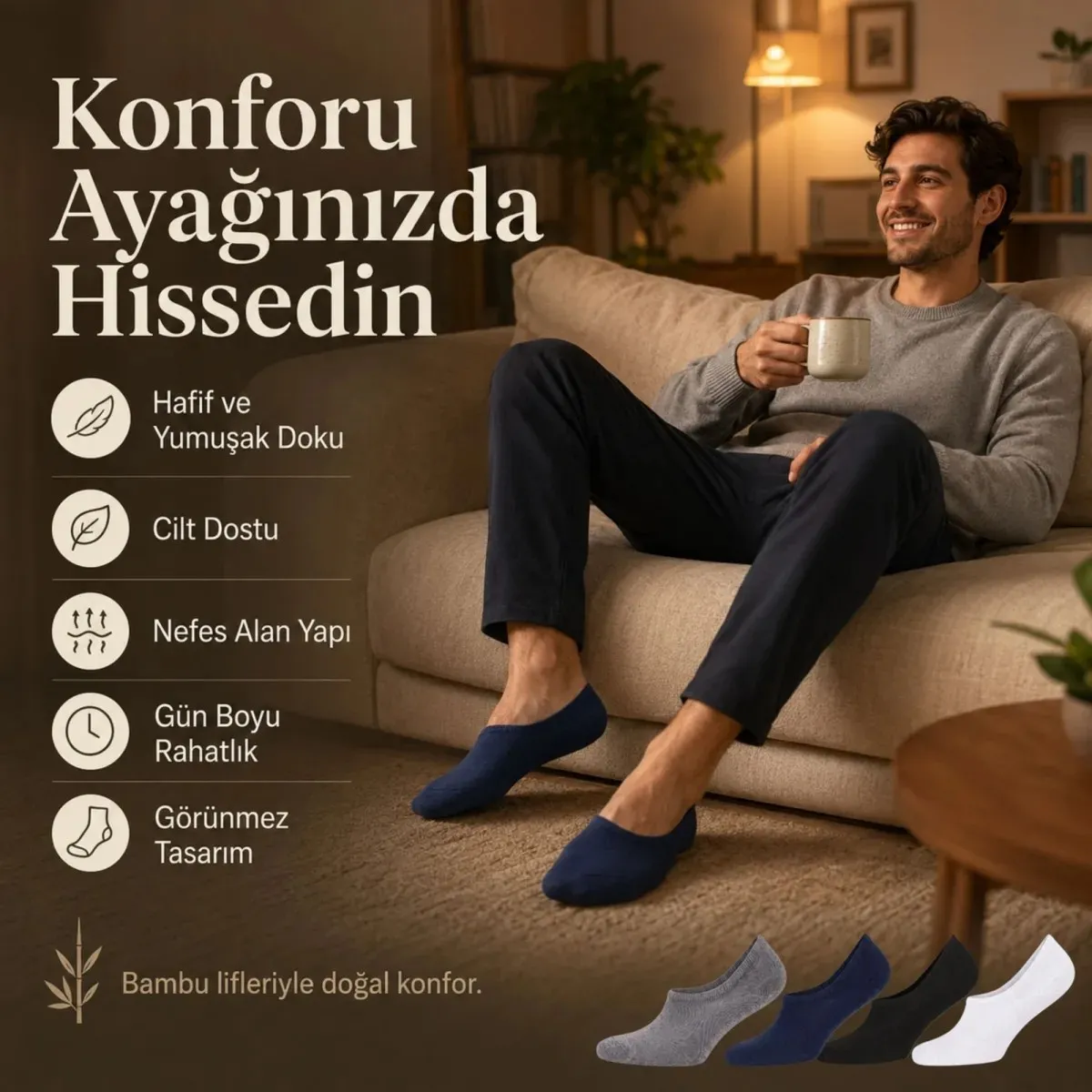 Erkek Bambu 4’lü Babet Çorap Görünmez No Show Dikişsiz Silikon Topuklu görseli
