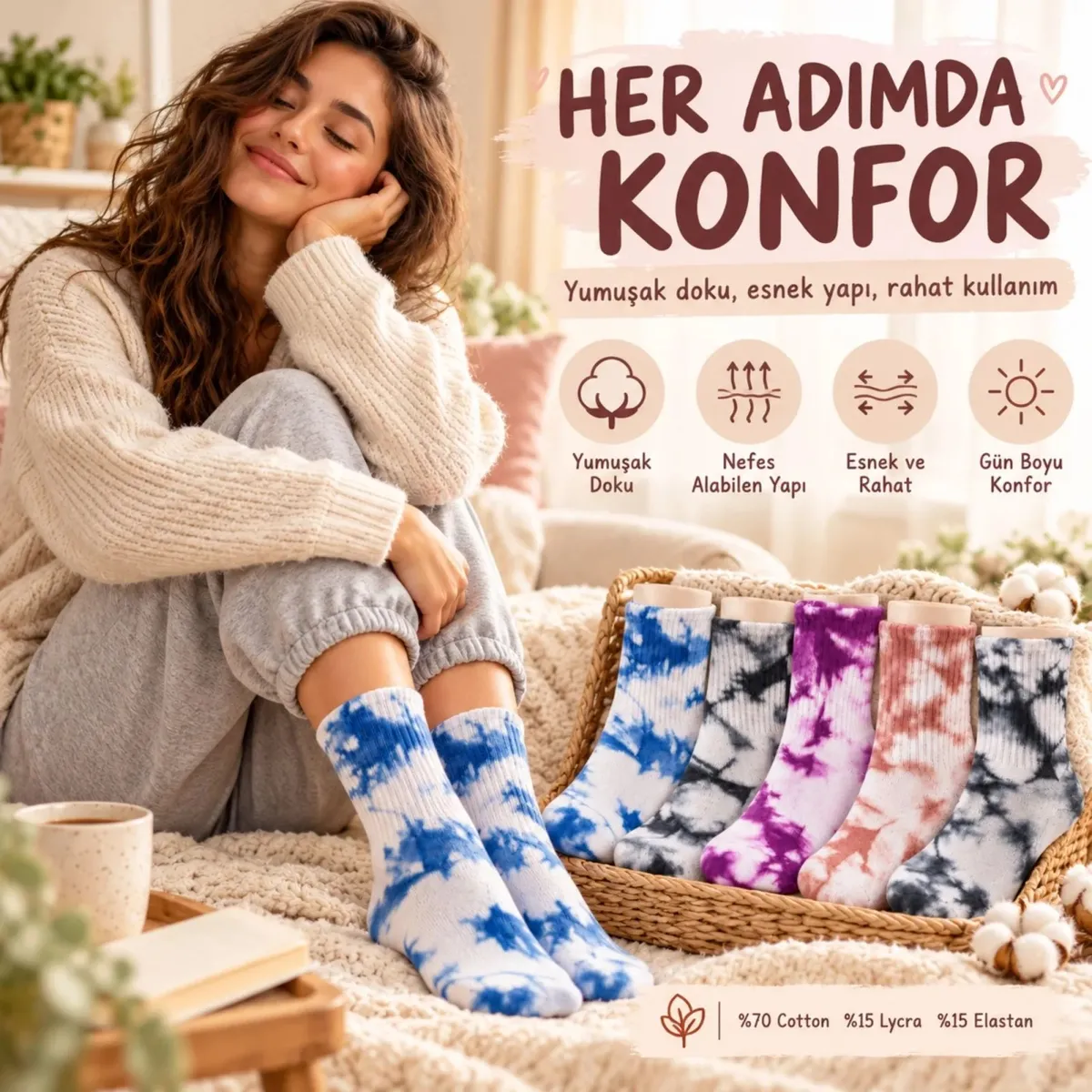 Unisex Batik Desenli Çorap 10'lu Pamuklu Renkli Uzun Soket Dikişsiz Nefes Alan Günlük Spor Çorabı görseli