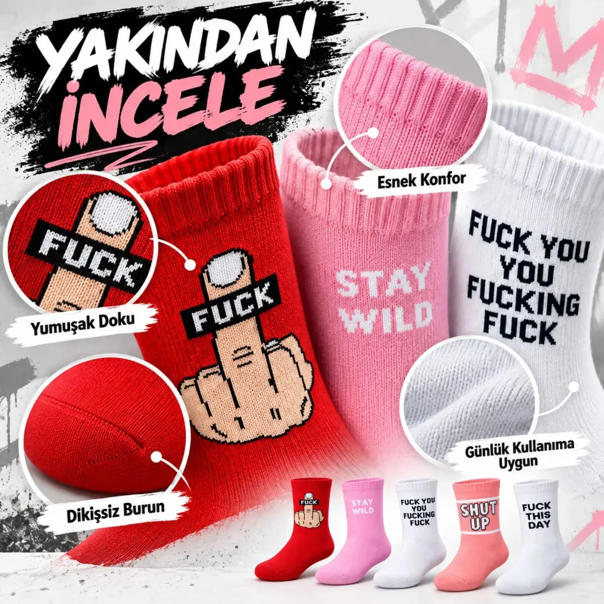 Unisex Yazılı Desenli Soket Çorap 5'li Set | Eğlenceli Sloganlı Renkli Günlük Uzun Çorap Modelleri Şık görseli