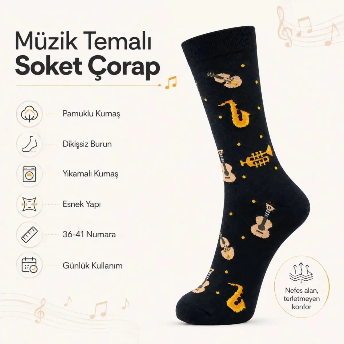 Kadın Müzik Enstrüman Desenli Soket Çorap 36-40 | Pamuklu Dikişsiz Siyah Uzun Konç Hediyelik görseli