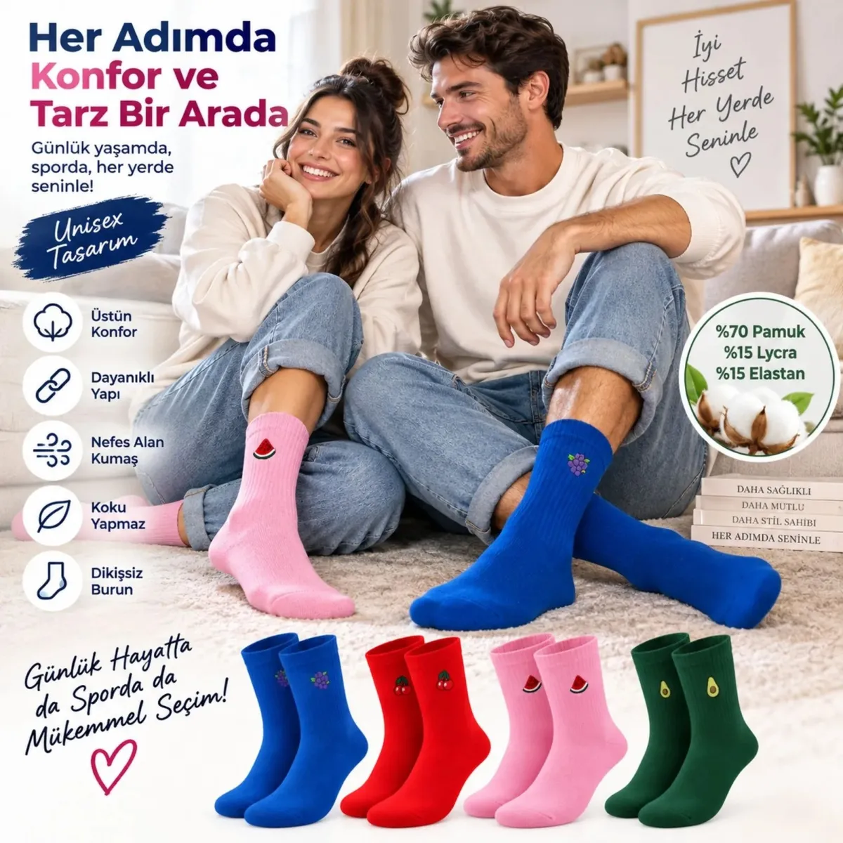 Kadın Çorap Meyve Nakışlı Renkli 4'lü Set Üzüm Kiraz Karpuz Avokado Desenli Günlük Uzun Soket Çorabı görseli
