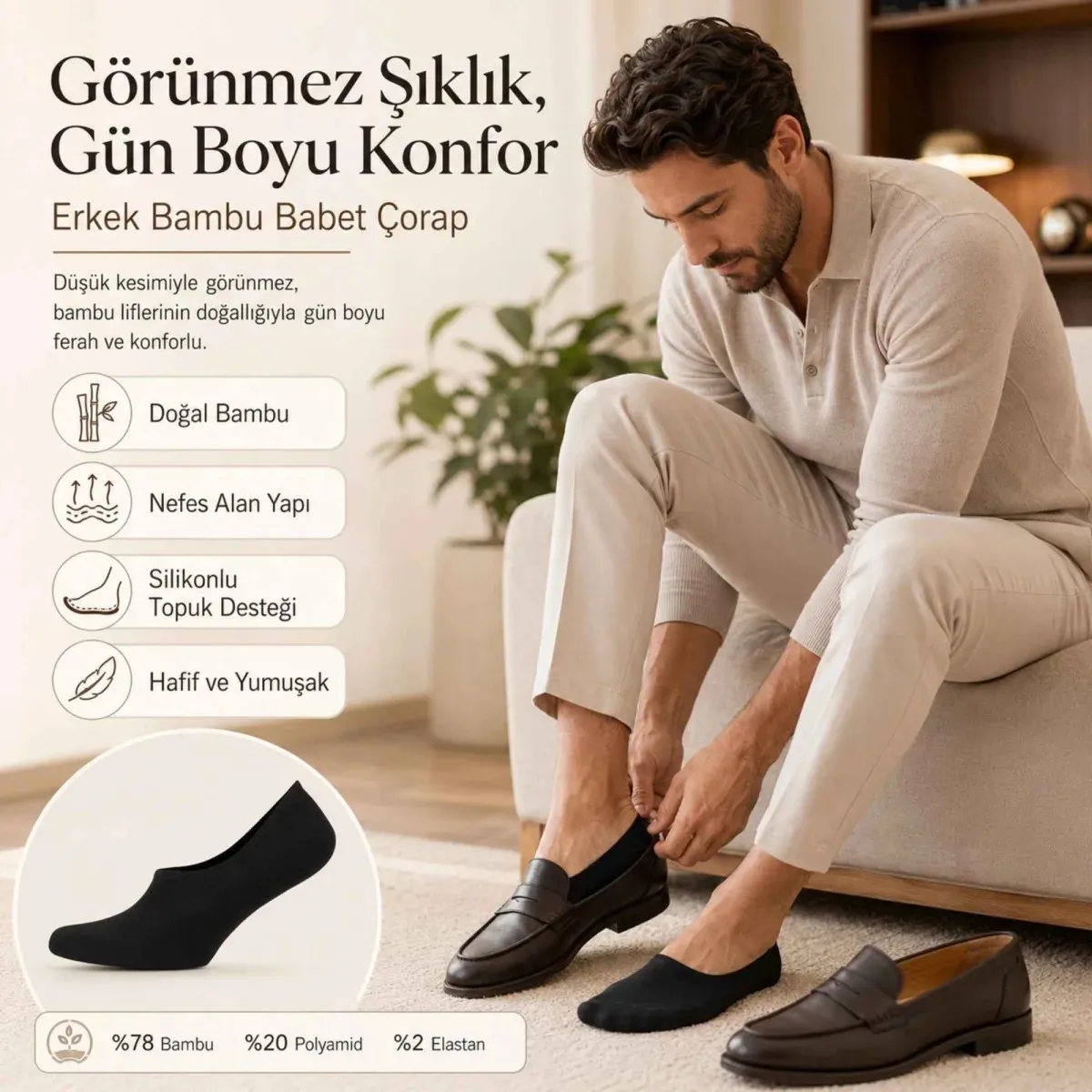 Erkek Bambu 12’li Babet Çorap Görünmez No Show Dikişsiz Silikon Topuklu görseli