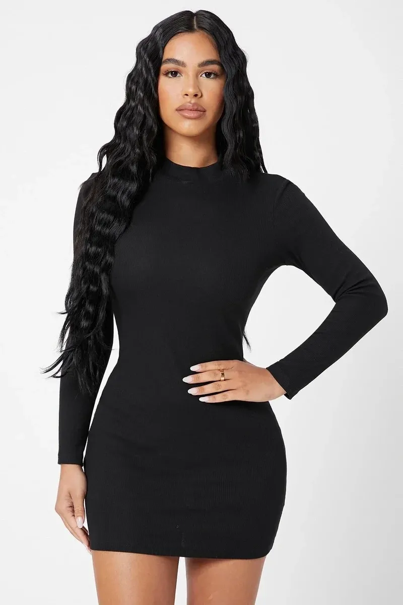 Kadın Siyah Kaşkorse Balıkçı Yaka Uzun Kollu Bodycon Mini Elbise görseli