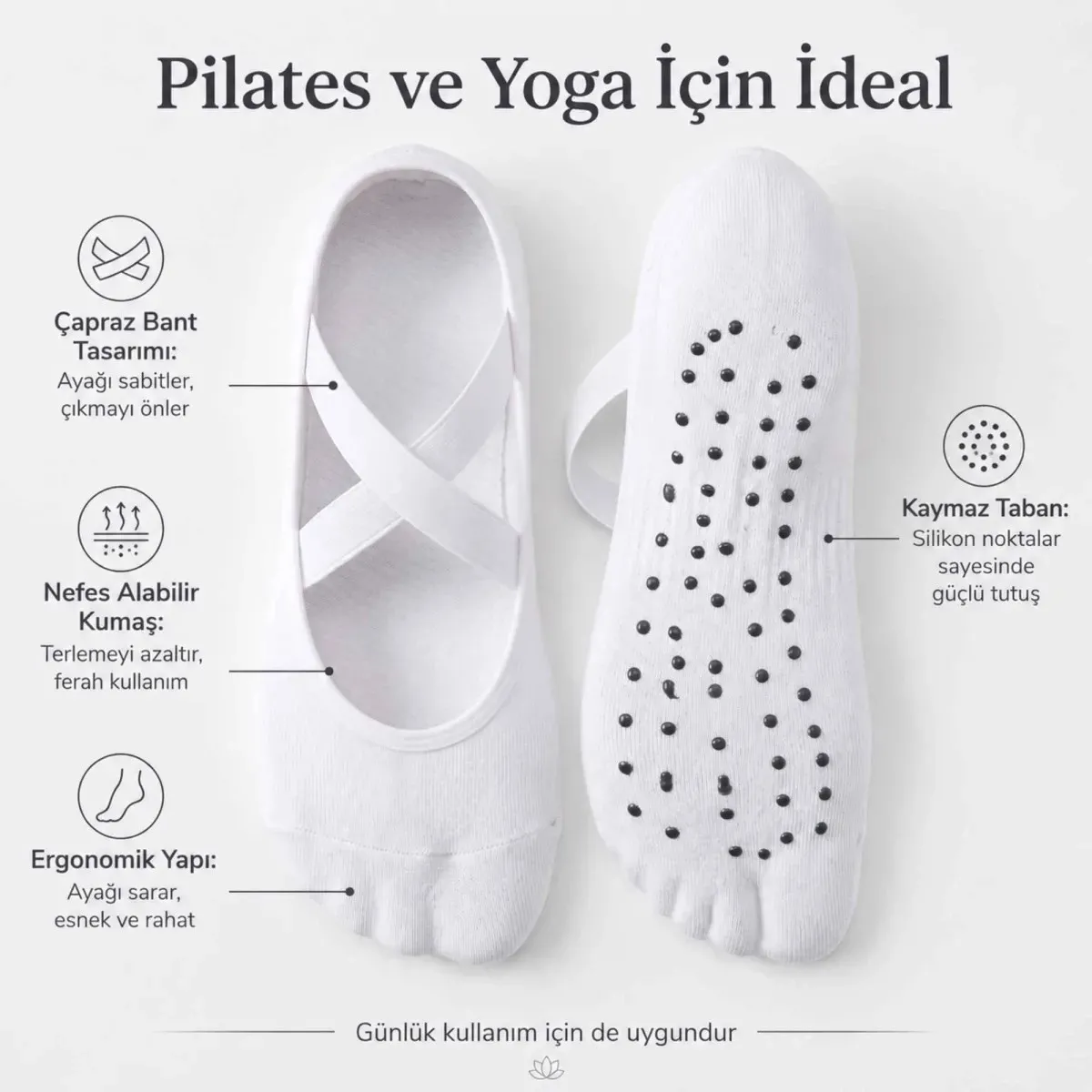 Kadın Balerin Yoga Pilates Çorabı 3'lü | Kaymaz Taban, Çapraz Bantlı, Spor Hac Umre görseli