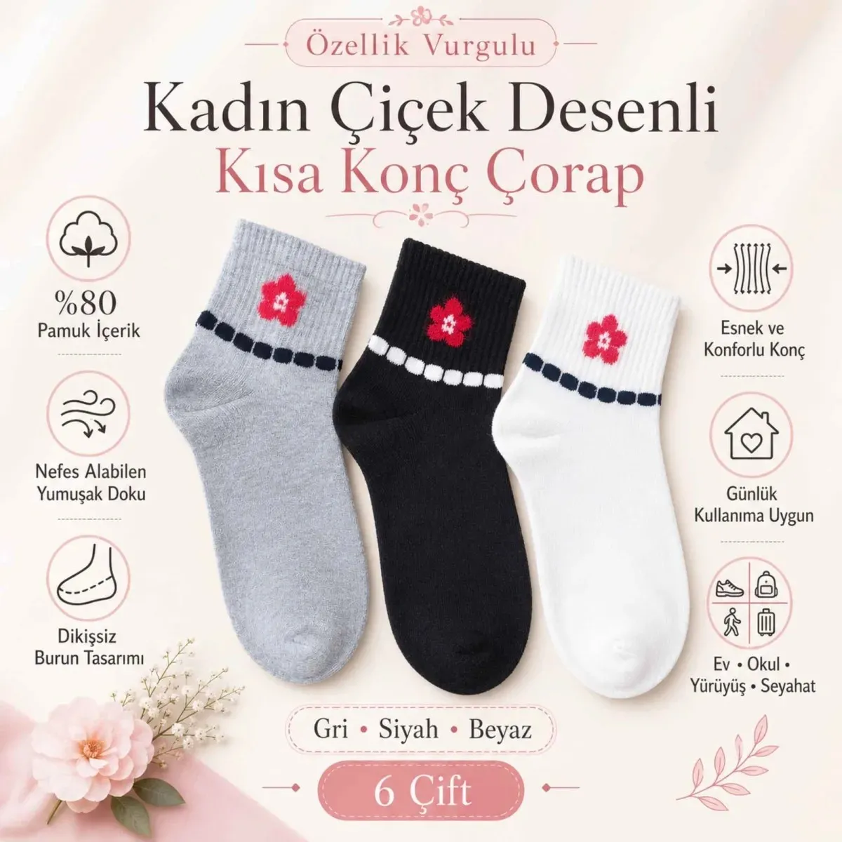 Kadın Çiçek Desenli Kısa Konç Çorap 12'li | %80 Pamuklu Dikişsiz, Siyah Beyaz Gri görseli