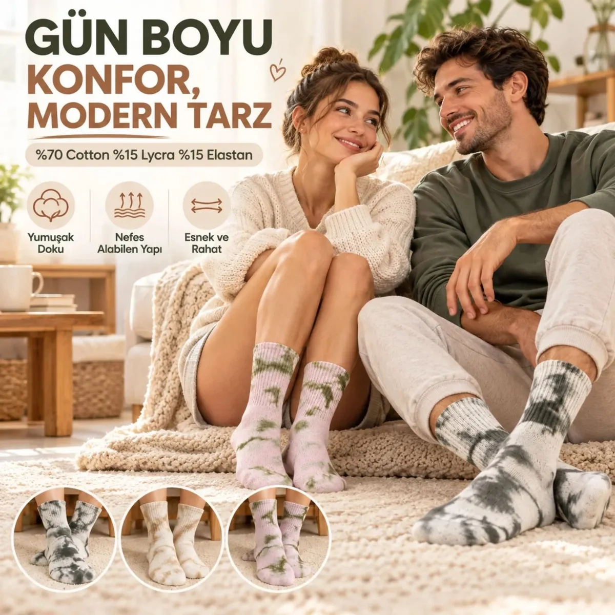 Unisex Batik Desenli Çorap 3'lü Set Pamuklu Uzun Soket Dikişsiz Nefes Alan Günlük Spor Konfor Çorabı görseli