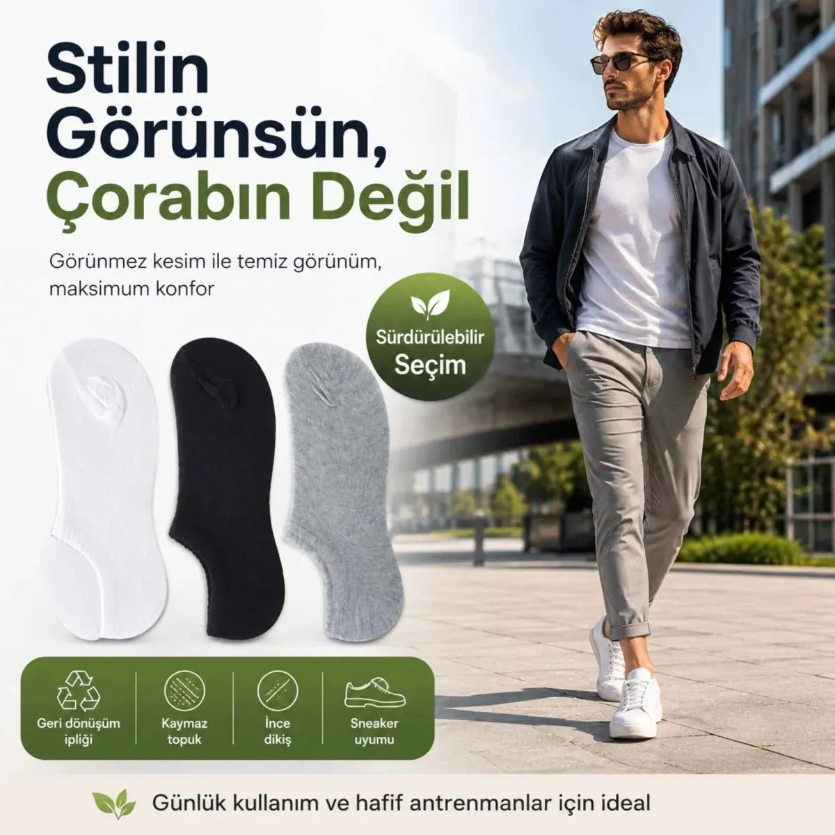 Erkek Görünmez Sneaker Babet Çorap 6'lı | Geri Dönüşüm İplikli, Kaymaz Topuk, Siyah Gri Beyaz görseli