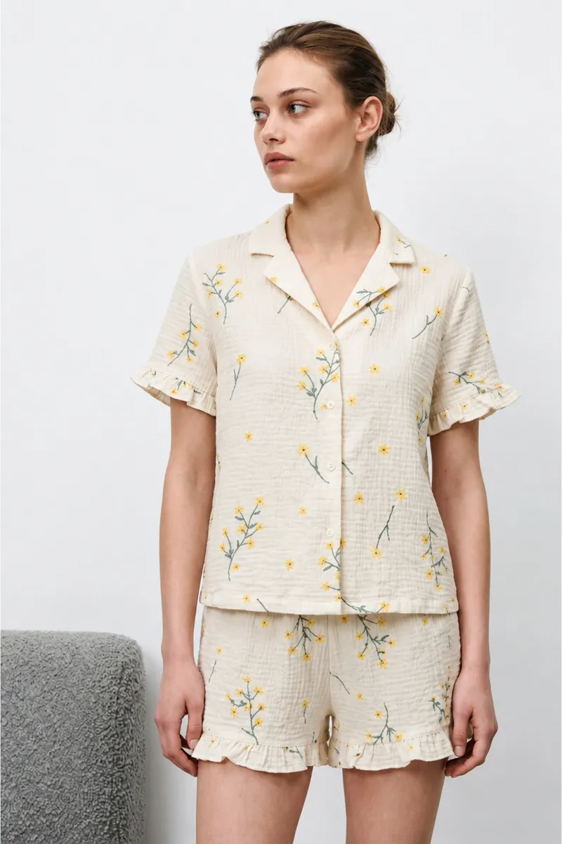 Kadın Premium Fırfırlı Çok Renkli Pijama Takımı