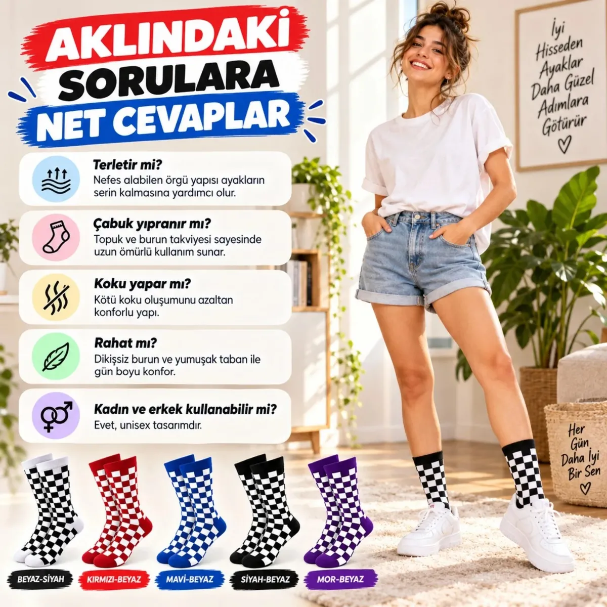 UNİSEX Çorap Dama Desenli Renkli 10'lu Set Kareli Uzun Soket Günlük Spor Eğlenceli Rahat Çorap Seti