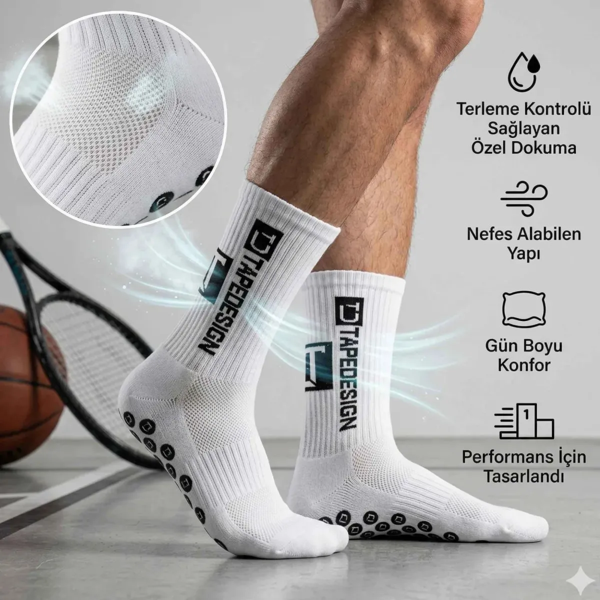 Kaydırmaz Çorap 3’lü Futbol Basketbol Tenis Erkek Spor Çorap, Beyaz, Kaymaz Çorap Tabanlı, Dikişsiz ve Parfümlü, Yüksek Kalite görseli