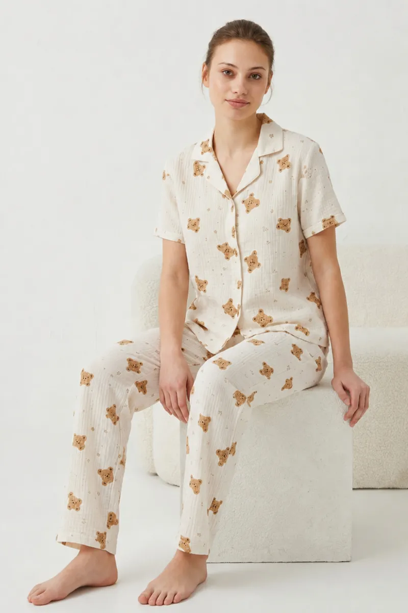 V Yaka Kapama Lastik Bel Kırık Beyaz Pijama Takımı görseli