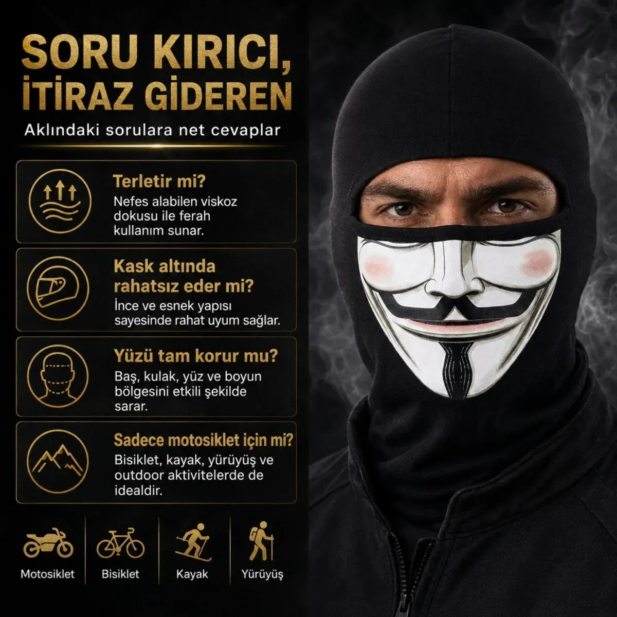 Unisex Baskılı Balaklava 1 Adet Tek Beden Viskoz Kask İçi Motosiklet Maskesi görseli