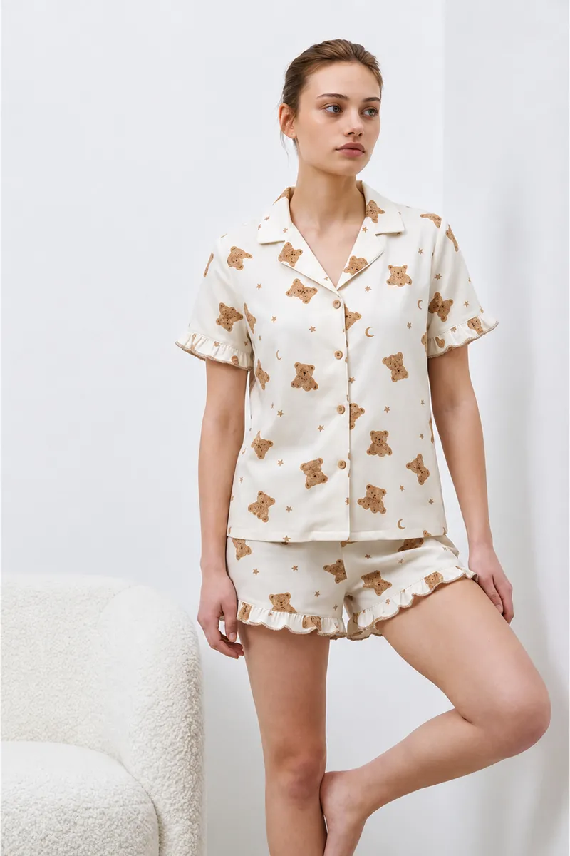 Kadın Premium Fırfırlı Kar Beeyaz Pijama Takımı Kar beyaz görseli