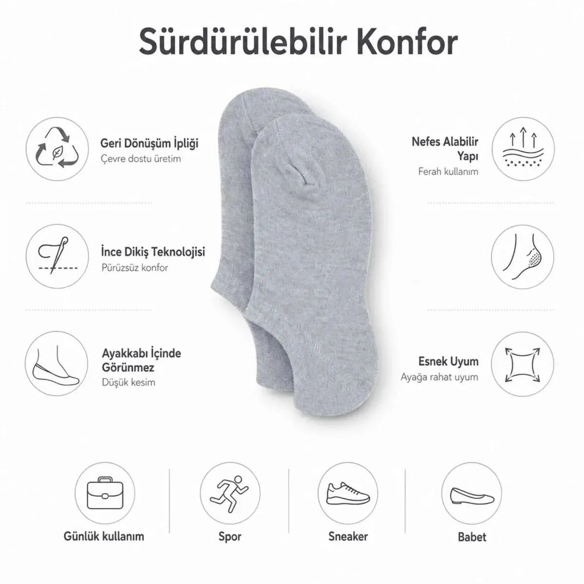 Kadın Görünmez Sneaker Babet Çorap 12'li | Geri Dönüşüm İplikli, Nefes Alan, Siyah Beyaz Gri görseli