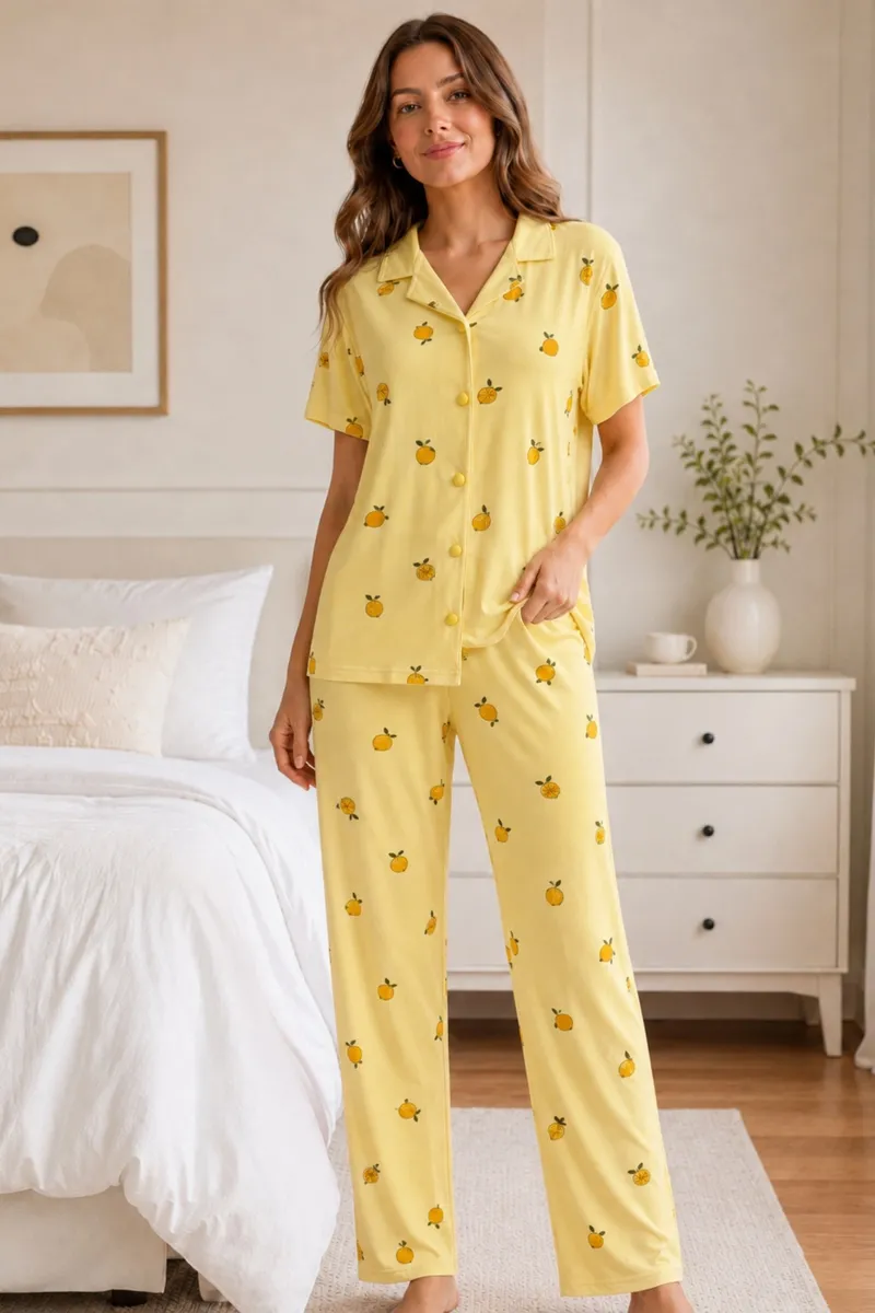 Sarı Limon Desenli Kısa Kollu Gömlek Yaka Milan Kumaş Kadın Pijama Takımı görseli