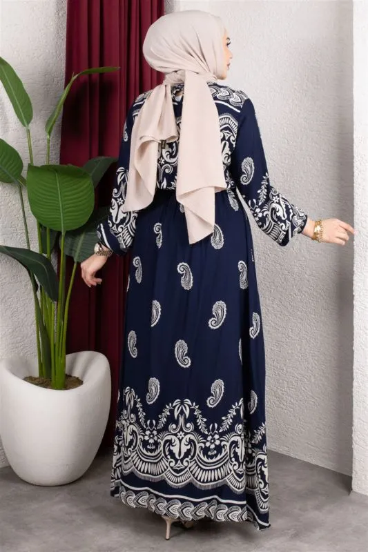 Beli Lastikli Viskon Elbise LACİVERT görseli