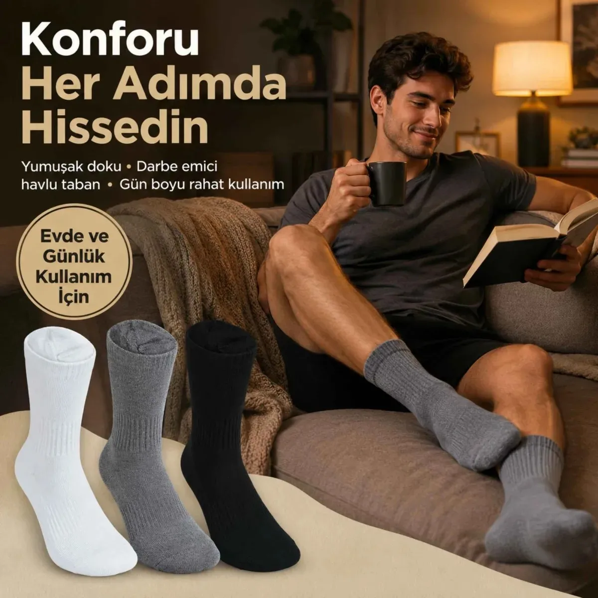 Erkek Spor Çorap 12 Çift, Taban Altı Havlu Destekli Penye Pamuklu Uzun Konç Çorap görseli