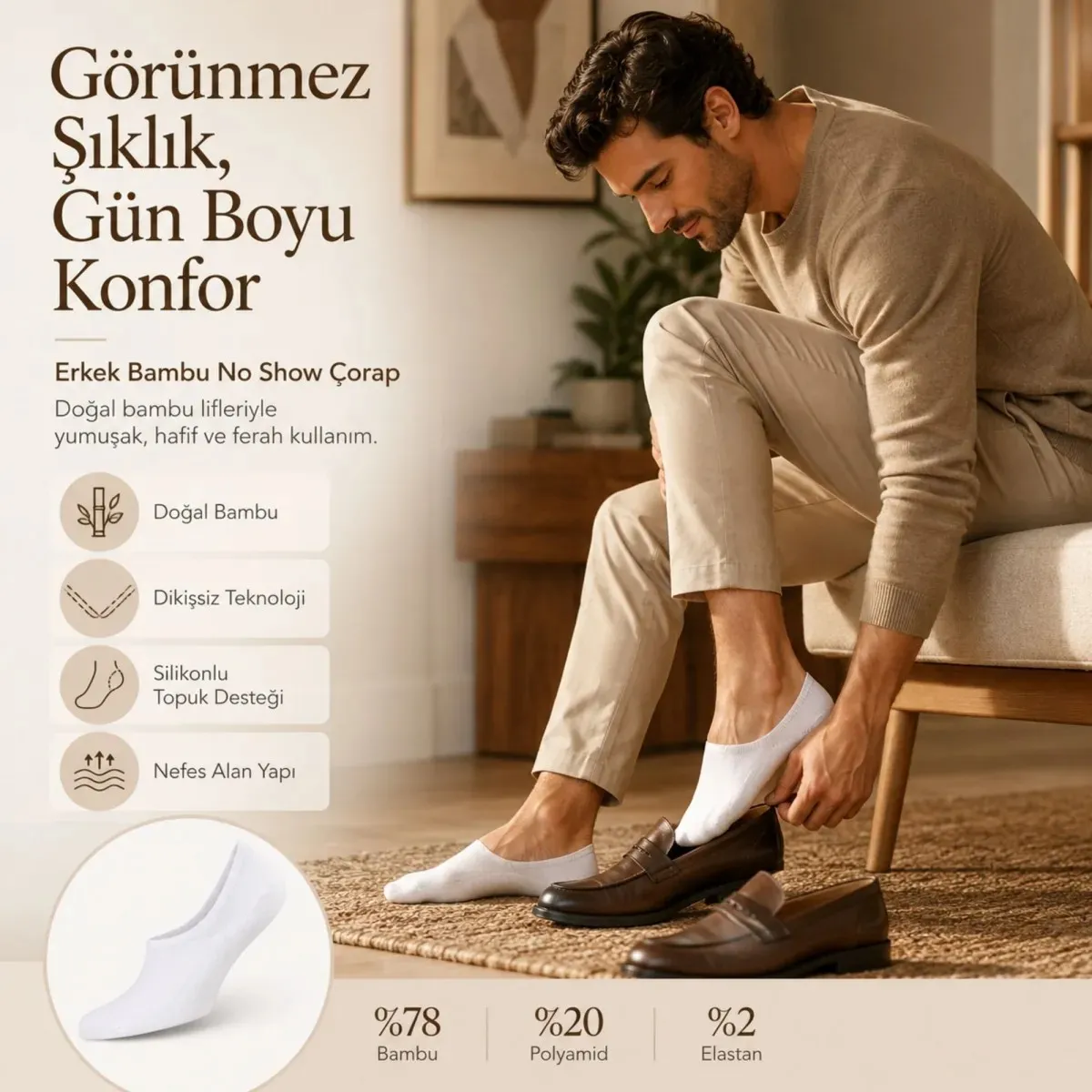 Erkek Bambu 12’li Babet Çorap Görünmez No Show Dikişsiz Silikon Topuklu görseli
