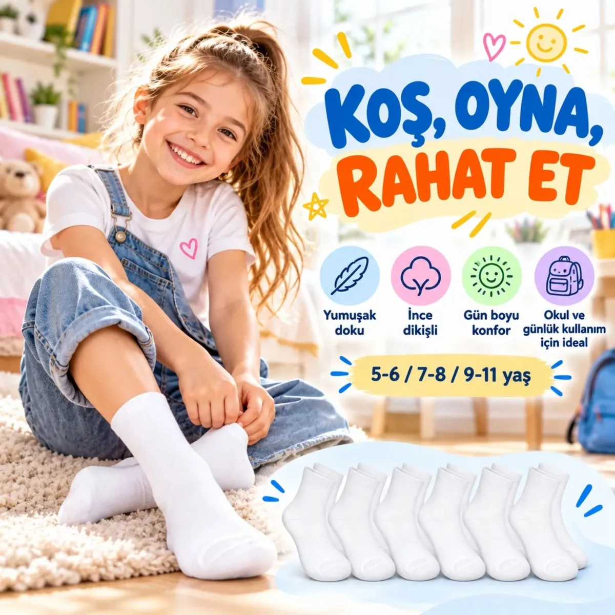Çocuk Beyaz Çorap 12'li İnce Dikişli Yumuşak Nefes Alabilen Okul Günlük Rahat Çorap 5-11 Yaş Seti görseli