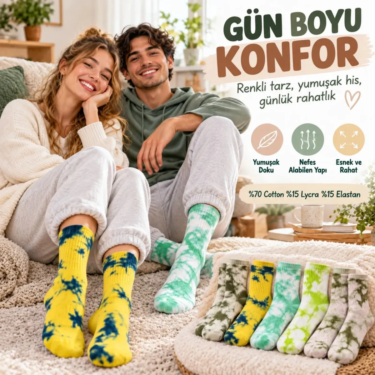 Sarı Lacivert Mint Yeşili Unisex Batik Desenli Çorap 5'li Set Pamuklu Renkli Uzun Soket Dikişsiz Nefes Alan Günlük Spor Çorabı görseli