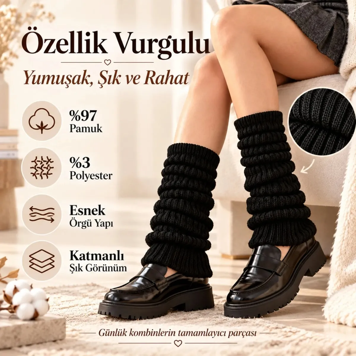 Kadın Siyah Fitilli Örgü Tozluk 3'lü Seti | %97 Pamuk %3 Polyester Büzgülü Uzun Kışlık Bacak Isıtıcı görseli