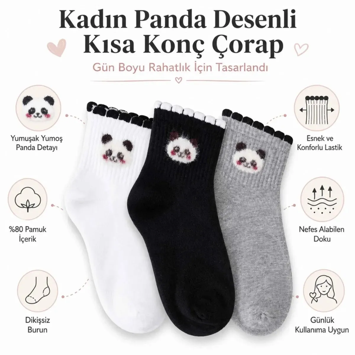 Kadın Panda Desenli Kısa Konç Çorap 6'lı | %80 Pamuklu Dikişsiz, Siyah Beyaz Gri görseli