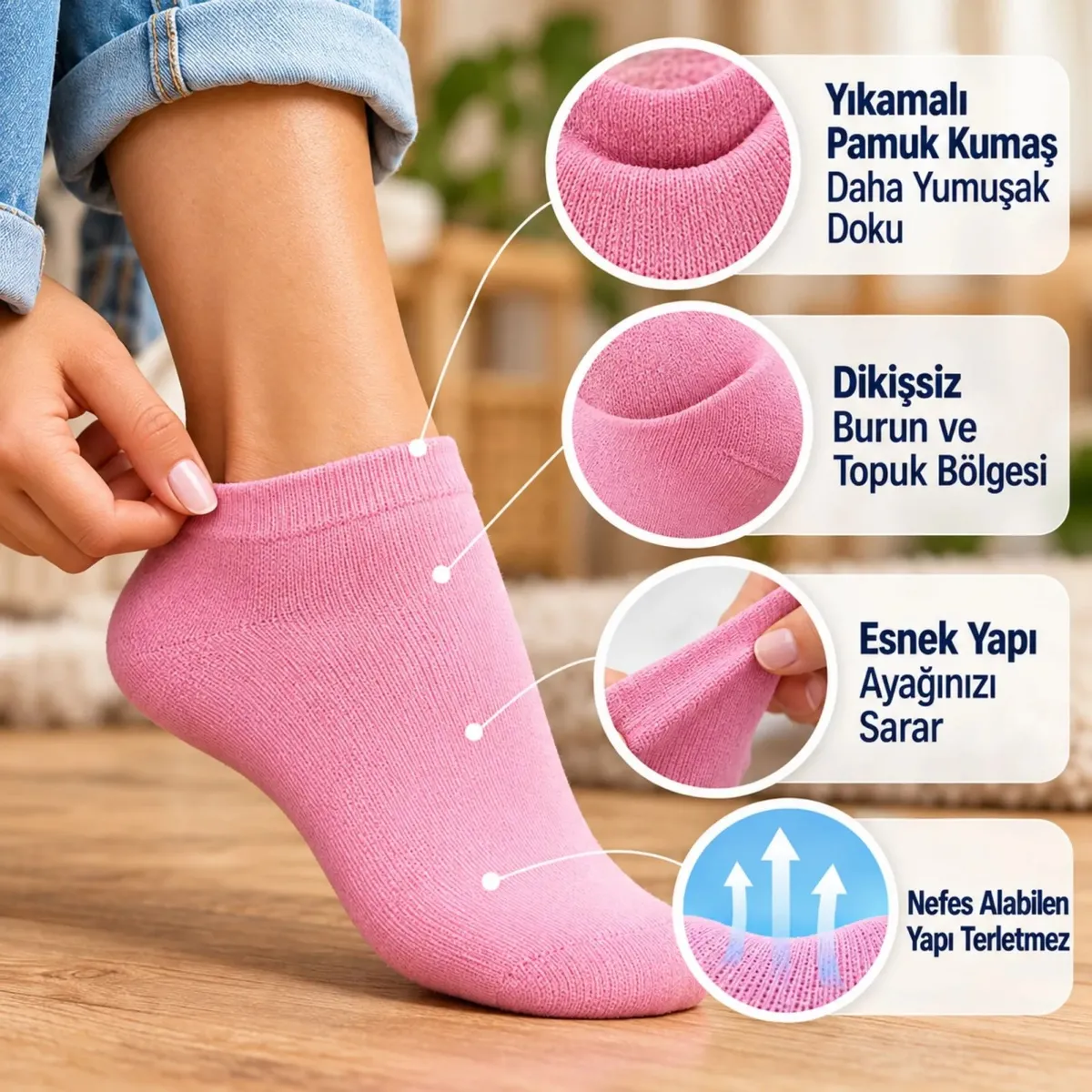 Kadın Yıkamalı Dikişsiz Patik Çorap 6'lı Kutulu Set | Renkli Kısa Sneaker Çorabı Hediyelik Paket Şık görseli