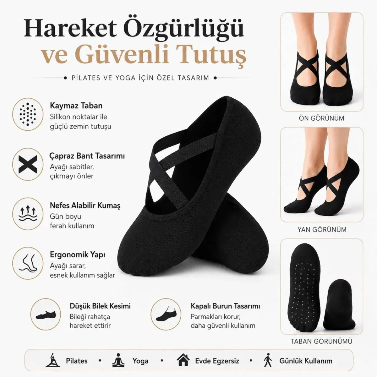 Kaymaz Tabanlı Kadın Balerin Tasarımlı Yoga Pilates Çorabı Çapraz Bantlı Spor Çorap Hac Umre Çorabı görseli