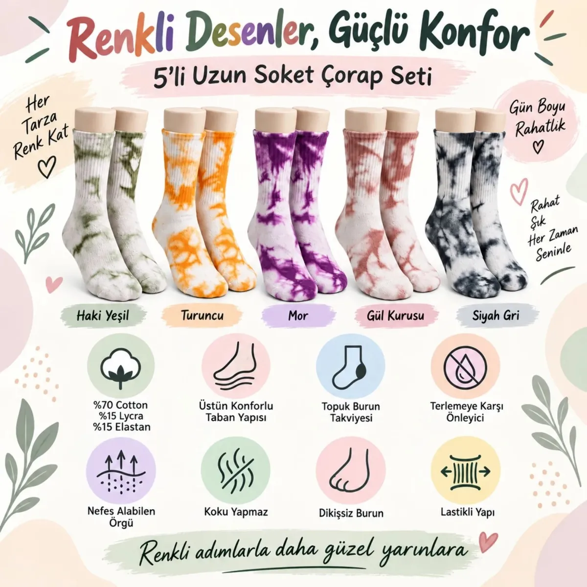 Unisex Batik Desenli Çorap 10'lu Renkli Pamuklu Uzun Soket Dikişsiz Nefes Alan Günlük Spor Çorabı görseli