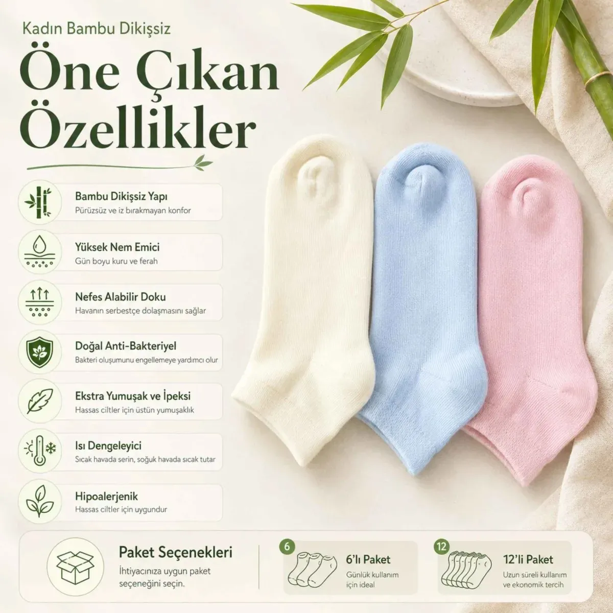 Kadın Bambu Dikişsiz Patik Çorap 12'li | Nefes Alan Nem Emici Yumuşak, Krem Mavi Pembe görseli