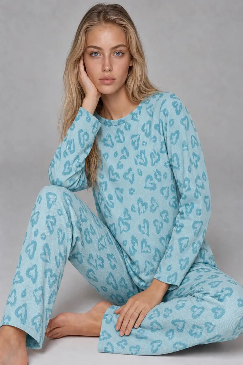 Kadın Desenli Uzun Kollu Mint Yeşili Pijama Takımı 4760