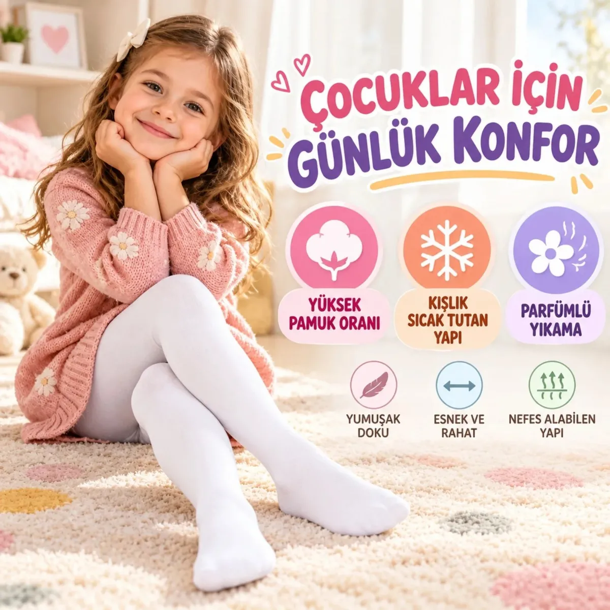 Çocuk Beyaz Külotlu 3'lü Çorap Yüksek Pamuklu Kışlık Parfümlü Okul Çorabı Esnek Rahat görseli