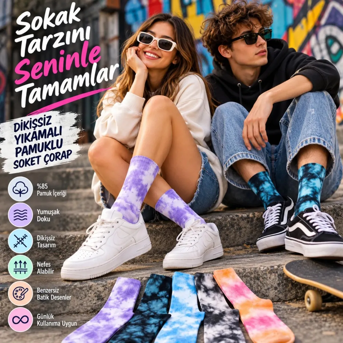 Unisex Batik Desenli Soket Çorap 5'li Set | Renkli Tie Dye Günlük Spor Sneaker Çorabı Modern Stiliyle görseli